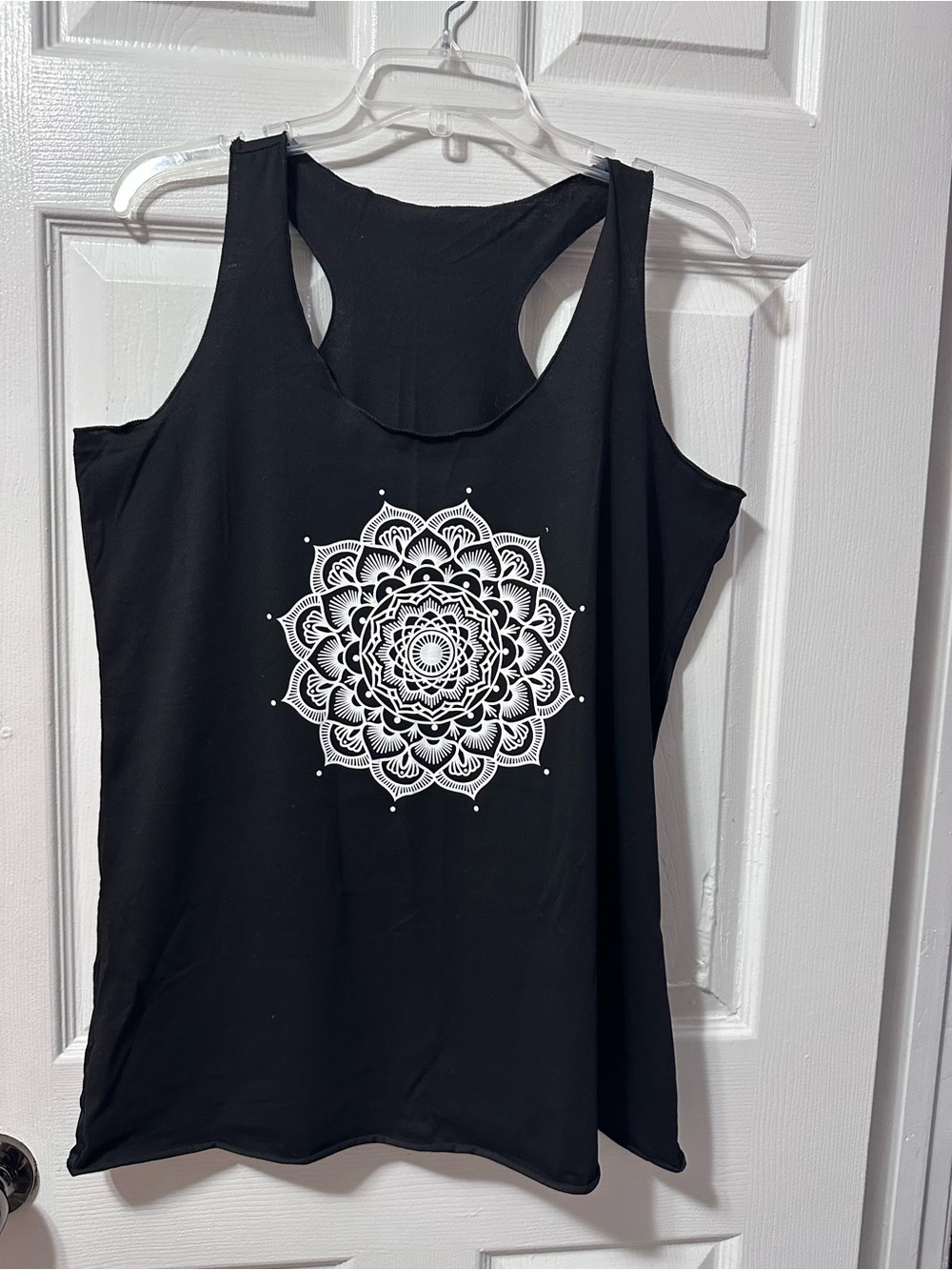 Women's Black Racerback Tank Top with White Mandala Print
